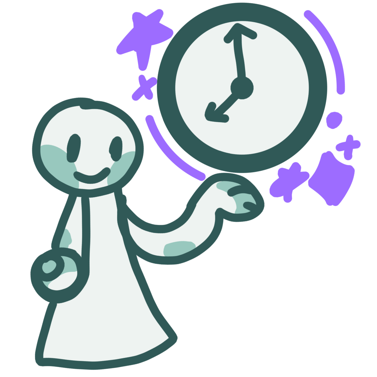 a teal and white person pointing to the viewer while holding a clock. The clock is surrounded by purple curves and sparkles